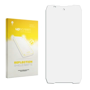 Vorderseite einer Produktverpackung mit dem Markenlogo upscreen. Daneben ist der zugehörige Displayschutz.