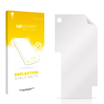 Vorderseite einer Produktverpackung mit dem Markenlogo upscreen. Daneben ist der zugehörige Displayschutz.