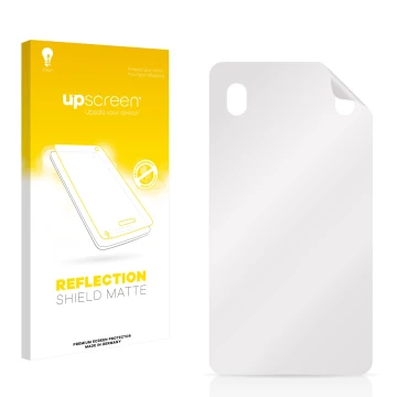 Vorderseite einer Produktverpackung mit dem Markenlogo upscreen. Daneben ist der zugehörige Displayschutz.