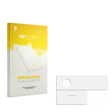 Vorderseite einer Produktverpackung mit dem Markenlogo upscreen. Daneben ist der zugehörige Displayschutz.