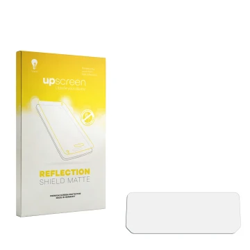 Vorderseite einer Produktverpackung mit dem Markenlogo upscreen. Daneben ist der zugehörige Displayschutz.