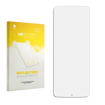 Vorderseite einer Produktverpackung mit dem Markenlogo upscreen. Daneben ist der zugehörige Displayschutz.