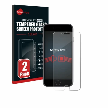 Vorderseite einer Produktverpackung mit dem Markenlogo Savvies. Daneben ist das Gerät Apple iPhone 8 mit dem zugehörigen Displ