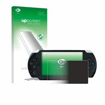 Vorderseite einer Produktverpackung mit dem Markenlogo upscreen. Daneben ist das Gerät Sony PSP 1000 mit dem zugehörigen Displ