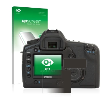 Vorderseite einer Produktverpackung mit dem Markenlogo upscreen. Daneben ist das Gerät Canon EOS 5D mit dem zugehörigen Displa