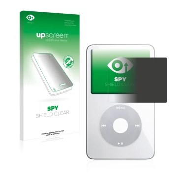 Vorderseite einer Produktverpackung mit dem Markenlogo upscreen. Daneben ist das Gerät Apple iPod classic video Display (5. Ge