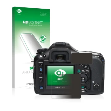 Vorderseite einer Produktverpackung mit dem Markenlogo upscreen. Daneben ist das Gerät Pentax K10D mit dem zugehörigen Display