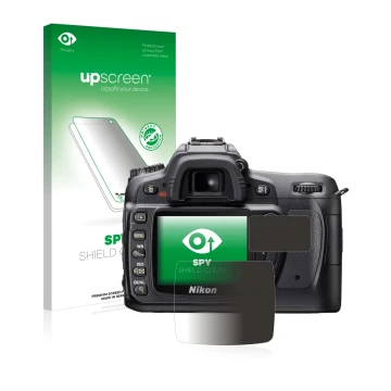 Vorderseite einer Produktverpackung mit dem Markenlogo upscreen. Daneben ist das Gerät Nikon D80 mit dem zugehörigen Displaysc