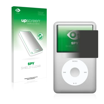 Vorderseite einer Produktverpackung mit dem Markenlogo upscreen. Daneben ist das Gerät Apple iPod Classic (6. Gen.) mit dem zu