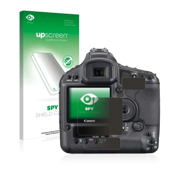 Vorderseite einer Produktverpackung mit dem Markenlogo upscreen. Daneben ist das Gerät Canon EOS 1Ds Mark III mit dem zugehöri