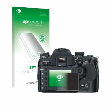 Vorderseite einer Produktverpackung mit dem Markenlogo upscreen. Daneben ist das Gerät Konica Minolta Dynax 7D mit dem zugehör