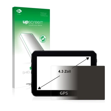 Vorderseite einer Produktverpackung mit dem Markenlogo upscreen. Daneben ist das Gerät mit dem zugehörigen Displayschutz abgeb
