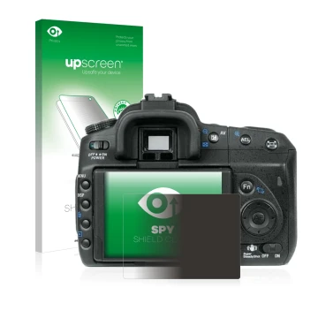 Vorderseite einer Produktverpackung mit dem Markenlogo upscreen. Daneben ist das Gerät Sony Alpha 350 (DSLR-A350) mit dem zuge