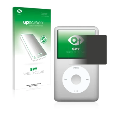 Vorderseite einer Produktverpackung mit dem Markenlogo upscreen. Daneben ist das Gerät Apple iPod classic 120 GB (7. Gen.) mit