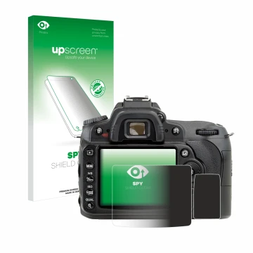 Vorderseite einer Produktverpackung mit dem Markenlogo upscreen. Daneben ist das Gerät Nikon D90 mit dem zugehörigen Displaysc