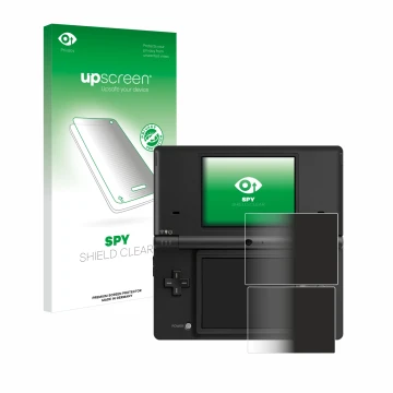 Vorderseite einer Produktverpackung mit dem Markenlogo upscreen. Daneben ist das Gerät Nintendo DSi mit dem zugehörigen Displa