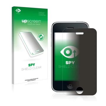 Vorderseite einer Produktverpackung mit dem Markenlogo upscreen. Daneben ist das Gerät Apple iPhone 3GS mit dem zugehörigen Di