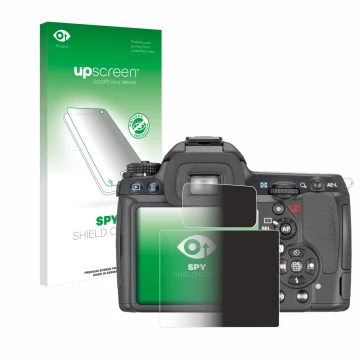 Vorderseite einer Produktverpackung mit dem Markenlogo upscreen. Daneben ist das Gerät Pentax K7, K-7 mit dem zugehörigen Disp