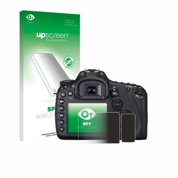 Vorderseite einer Produktverpackung mit dem Markenlogo upscreen. Daneben ist das Gerät Canon EOS 7D mit dem zugehörigen Displa