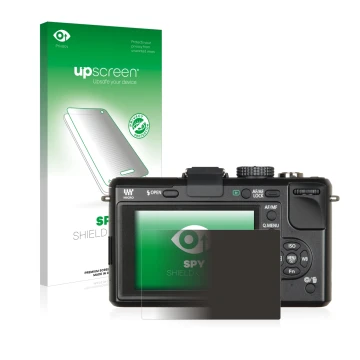 Vorderseite einer Produktverpackung mit dem Markenlogo upscreen. Daneben ist das Gerät Panasonic Lumix DMC-GF1 mit dem zugehör