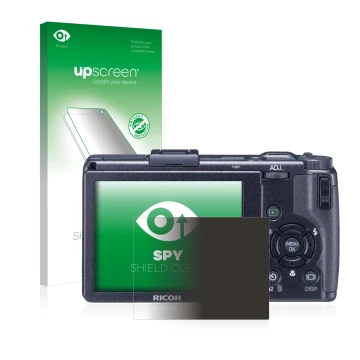 Vorderseite einer Produktverpackung mit dem Markenlogo upscreen. Daneben ist das Gerät Ricoh GR Digital III (2009-2011) mit de