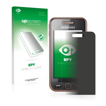 Vorderseite einer Produktverpackung mit dem Markenlogo upscreen. Daneben ist das Gerät Samsung GT-S5230 mit dem zugehörigen Di