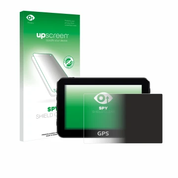 Vorderseite einer Produktverpackung mit dem Markenlogo upscreen. Daneben ist das Gerät mit dem zugehörigen Displayschutz abgeb
