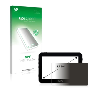 Vorderseite einer Produktverpackung mit dem Markenlogo upscreen. Daneben ist das Gerät mit dem zugehörigen Displayschutz abgeb