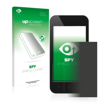 Vorderseite einer Produktverpackung mit dem Markenlogo upscreen. Daneben ist das Gerät mit dem zugehörigen Displayschutz abgeb