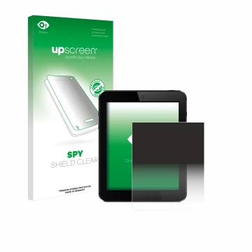Vorderseite einer Produktverpackung mit dem Markenlogo upscreen. Daneben ist das Gerät mit dem zugehörigen Displayschutz abgeb