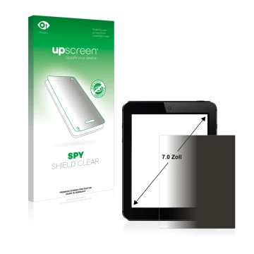Vorderseite einer Produktverpackung mit dem Markenlogo upscreen. Daneben ist das Gerät mit dem zugehörigen Displayschutz abgeb