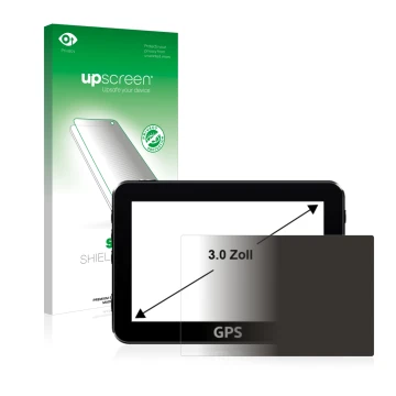 Vorderseite einer Produktverpackung mit dem Markenlogo upscreen. Daneben ist das Gerät mit dem zugehörigen Displayschutz abgeb
