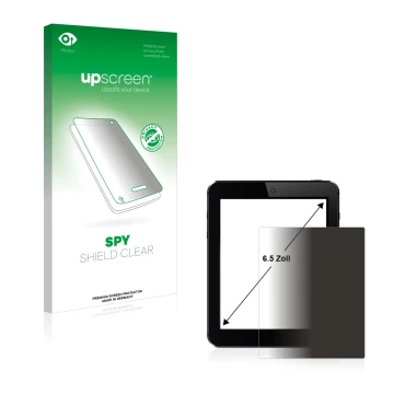 Vorderseite einer Produktverpackung mit dem Markenlogo upscreen. Daneben ist das Gerät mit dem zugehörigen Displayschutz abgeb