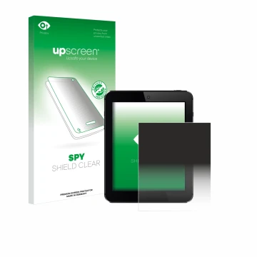 Vorderseite einer Produktverpackung mit dem Markenlogo upscreen. Daneben ist das Gerät mit dem zugehörigen Displayschutz abgeb