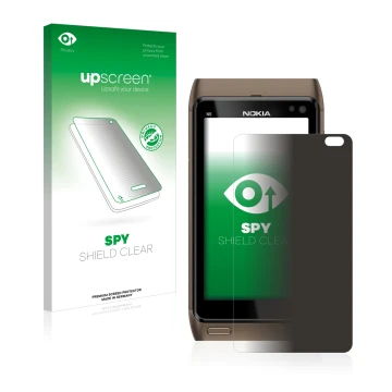 Vorderseite einer Produktverpackung mit dem Markenlogo upscreen. Daneben ist das Gerät Nokia n8 mit dem zugehörigen Displaysch