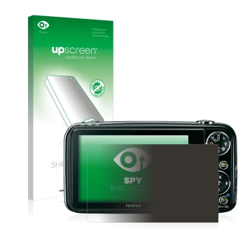 Vorderseite einer Produktverpackung mit dem Markenlogo upscreen. Daneben ist das Gerät Fujifilm FinePix Real 3D W3 mit dem zug