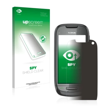 Vorderseite einer Produktverpackung mit dem Markenlogo upscreen. Daneben ist das Gerät Nokia C7-00 mit dem zugehörigen Display