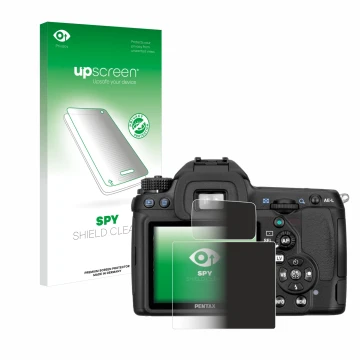 Vorderseite einer Produktverpackung mit dem Markenlogo upscreen. Daneben ist das Gerät Pentax K5, K-5 mit dem zugehörigen Disp