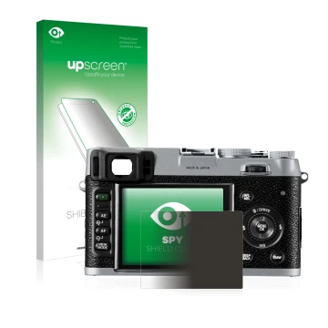Vorderseite einer Produktverpackung mit dem Markenlogo upscreen. Daneben ist das Gerät Fujifilm FinePix X100 mit dem zugehörig