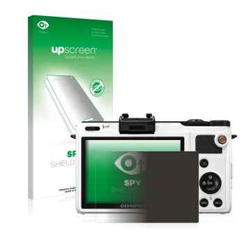 Vorderseite einer Produktverpackung mit dem Markenlogo upscreen. Daneben ist das Gerät Olympus XZ-1 mit dem zugehörigen Displa
