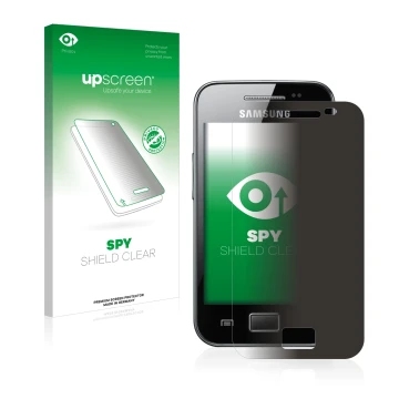 Vorderseite einer Produktverpackung mit dem Markenlogo upscreen. Daneben ist das Gerät Samsung Galaxy Ace S5830 mit dem zugehö