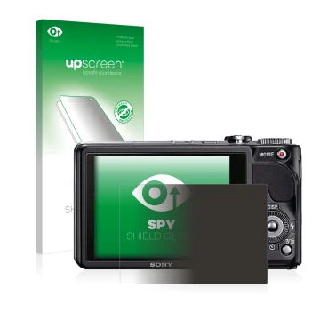 Vorderseite einer Produktverpackung mit dem Markenlogo upscreen. Daneben ist das Gerät Sony Cyber-Shot DSC-HX9V mit dem zugehö