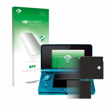 Vorderseite einer Produktverpackung mit dem Markenlogo upscreen. Daneben ist das Gerät Nintendo 3DS mit dem zugehörigen Displa