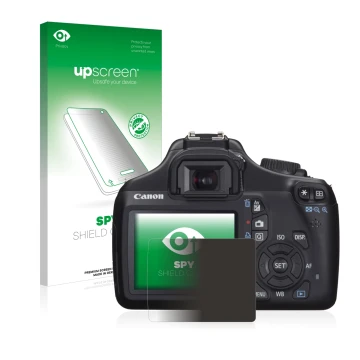Vorderseite einer Produktverpackung mit dem Markenlogo upscreen. Daneben ist das Gerät Canon EOS 1100D mit dem zugehörigen Dis