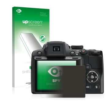 Vorderseite einer Produktverpackung mit dem Markenlogo upscreen. Daneben ist das Gerät Nikon Coolpix P500 mit dem zugehörigen 