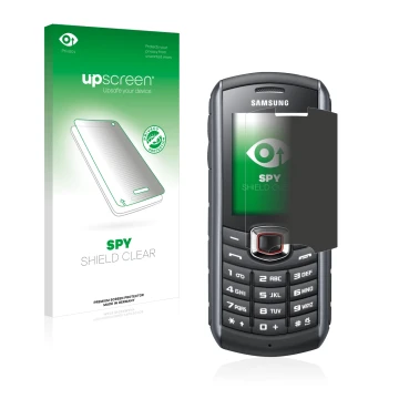 Vorderseite einer Produktverpackung mit dem Markenlogo upscreen. Daneben ist das Gerät Samsung GT-B2710 mit dem zugehörigen Di