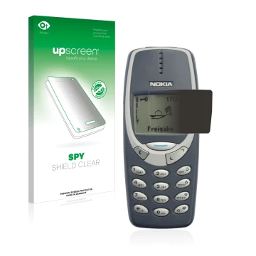 Vorderseite einer Produktverpackung mit dem Markenlogo upscreen. Daneben ist das Gerät Nokia 3310 2011 mit dem zugehörigen Dis