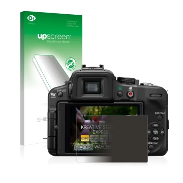 Vorderseite einer Produktverpackung mit dem Markenlogo upscreen. Daneben ist das Gerät Panasonic Lumix DMC-G3 mit dem zugehöri