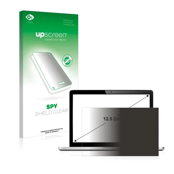 Vorderseite einer Produktverpackung mit dem Markenlogo upscreen. Daneben ist das Gerät mit dem zugehörigen Displayschutz abgeb