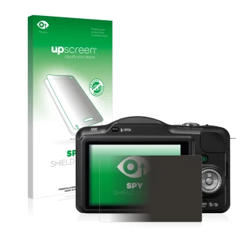 Vorderseite einer Produktverpackung mit dem Markenlogo upscreen. Daneben ist das Gerät Panasonic Lumix DMC-GF3 mit dem zugehör